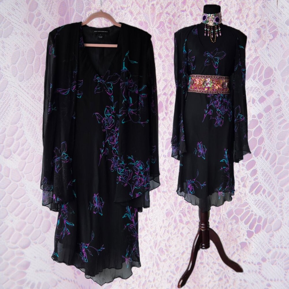 Jones New York 90s Y2K Black Silk Evening Jacket Dress Formal  Romantic Chic